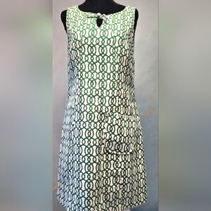 Tommy Hilfiger Retro Mod Green and White Patterned Brocade Shift Dress Keyhole S